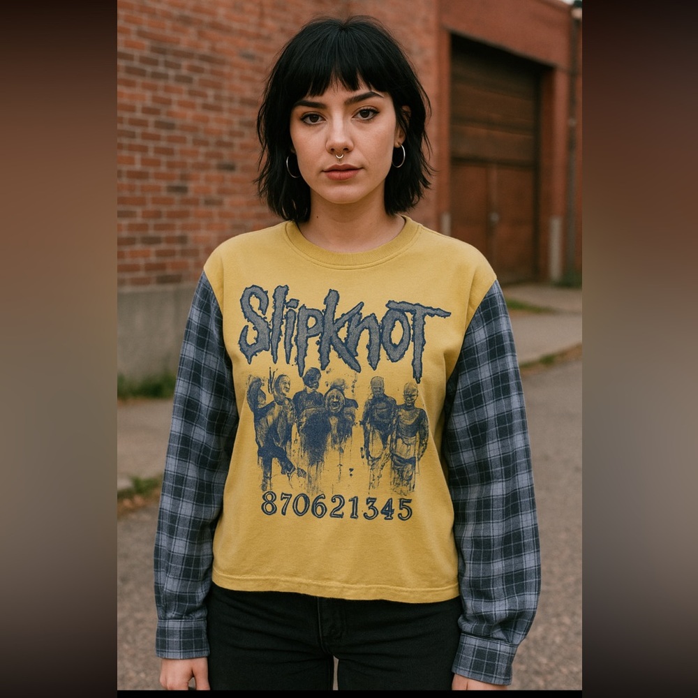 Custom Upcycled Slipknot Yellow & Purplish Blue Flannel Sleeves Top OSFM OOAK